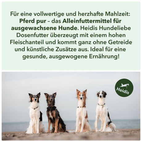 Für eine vollwertige und herzhafte Mahlzeit: 
Pferd pur – das Alleinfuttermittel für 
ausgewachsene Hunde. Heidis Hundeliebe
Dosenfutter überzeugt mit einem hohen
 Fleischanteil und kommt ganz ohne Getreide 
und künstliche Zusätze aus. Ideal für eine 
gesunde, ausgewogene Ernährung!