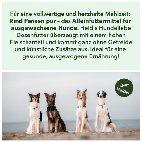 Für eine vollwertige und herzhafte Mahlzeit: 
Rind Pansen pur – das Alleinfuttermittel für 
ausgewachsene Hunde. Heidis Hundeliebe
Dosenfutter überzeugt mit einem hohen
 Fleischanteil und kommt ganz ohne Getreide 
und künstliche Zusätze aus. Ideal für eine 
gesunde, ausgewogene Ernährung!